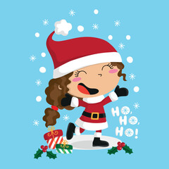 Happy little girl dressed as a Santa playing in the snow and some gifts and holly berries, Christmas illustration