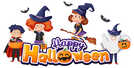 Happy Halloween Text Logo With Cartoon Character