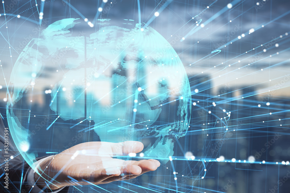 Poster businessman holding abstract glowing globe hologram with lines on blurry city background. hand holdi