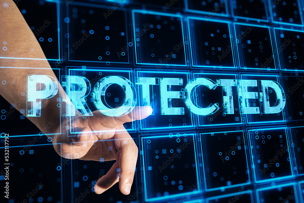 Poster close up of hand pointing at creative blue cubes protected text hologram on blurry background. techn