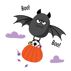 cute cartoon bat flying with candy