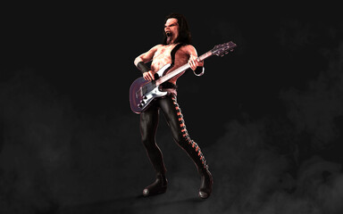 Fototapeta premium 3d Illustration Devil pose and plays an electric guitar surrounded on dark background with clipping path. Death Rock Musician. Hard rock party and Halloween Project. 