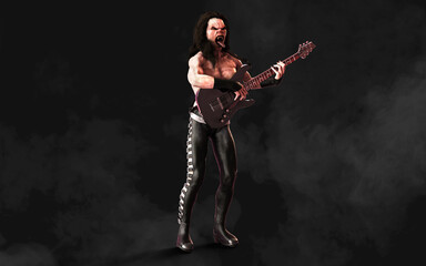 3d Illustration Devil pose and plays an electric guitar surrounded on dark background with clipping path. Death Rock Musician. Hard rock party and Halloween Project. 