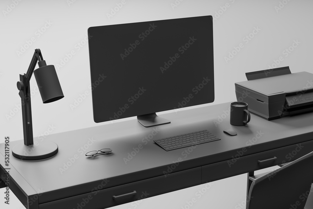 Poster Close up of creative minimalistic designer workplace with furniture, empty mock up computer monitor and other items. 3D Rendering.
