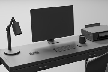 Close up of creative minimalistic designer workplace with furniture, empty mock up computer monitor and other items. 3D Rendering.