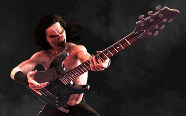 Fototapeta na wymiar 3d Illustration Devil pose and plays an electric guitar surrounded on dark background with clipping path. Death Rock Musician. Hard rock party and Halloween Project. 