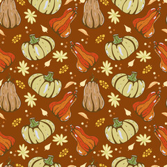 Autumn seamless vector pattern with pumpkins and fall leaves. Hand drawn illustration.