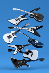 Set of electric acoustic guitars isolated on blue background.