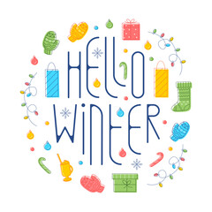 Holiday set of winter items, lettering hello winter