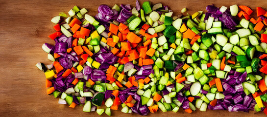 Fototapeta na wymiar Chopped vegetables arranged on a wooden table, 3d render