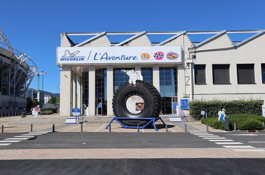 Clermont-Ferrand, France - 02.07.2022: Bibendum, Michelin Man, the official mascot of the Michelin tyre company, outside of the "Michelin Adventure" building