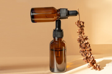 Two amber bottles with dropper lid with cosmetics on beige background next to sprig of grass. Glass...