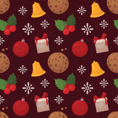 Vector Seamless Pattern with Bells, Gift, Holly, Snowflakes, Snowballs and Cookies on a Dark Red Background. Beautiful Ornament Design for Gift Wrapping paper, Packaging Design, Branding, Post Cards