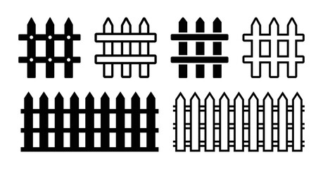 Wooden fence barrier icon set. Outline picket fence for domestic boundaries symbol vector illustration.