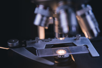 Close-up view of scientific microscopic data analysis in laboratory. Scientists research and develop medical drugs.