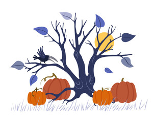 Halloween scene. Scary tree with branches, a crow, moon and pumpkins isolated on a white background.