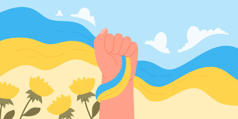 Raised fist holding wavy ribbon in yellow and blue colors of Ukrainian flag vector illustration. Hand with national patriotic symbol of victory, independence and freedom of Ukraine background