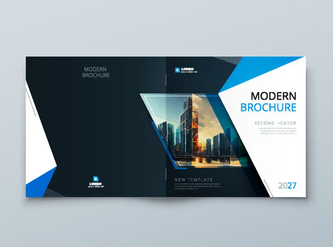 Square Brochure template layout design. Corporate business annual report, catalog, magazine mockup. Layout with modern blue elements and photo. Creative poster, booklet, flyer or banner concept