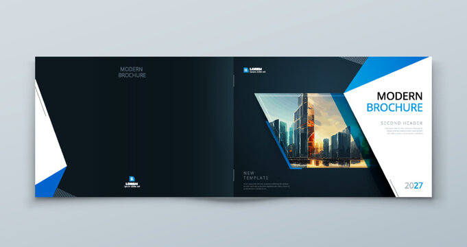 Horizontal Brochure template layout design. Corporate business annual report, catalog, magazine mockup. Layout with modern blue elements and photo. Creative poster, booklet, flyer or banner concept