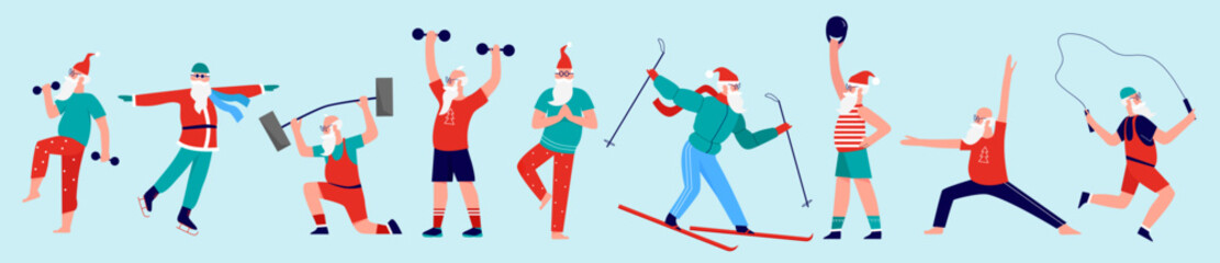 Active sport exercises and yoga of Santa Claus characters set vector illustration. Cartoon cute man training with dumbbells, ski and rope, healthy workout on blue background. Xmas, aerobic concept