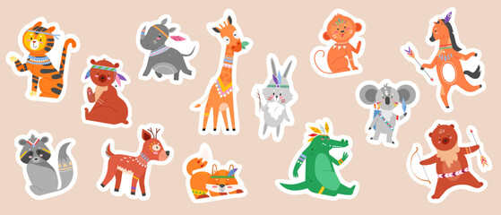 Cute tribal animals from woodland, stickers set vector illustration. Cartoon funny wild forest or zoo characters with arrow and bow, nursery collection background. Nature, culture, design concept