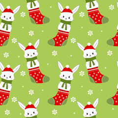 Draw character cute rabbit in Christmas sock for Christmas day and new year. Draw doodle cartoon style. Seamless Christmas pattern..