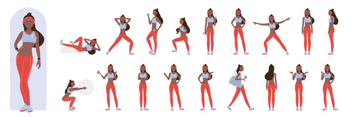 Cartoon active woman doing healthy aerobic exercises or pilates in gym, stretch training. African american black female active sport trainer poses set in front, side and back view vector illustration