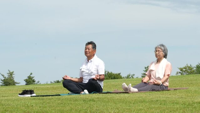 公園で運動するアジア人の高齢者夫婦（ヨガ）
