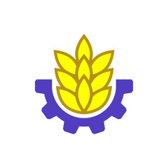 Gold wheat logo design with cogwheel. Vector illustration and emblem on white background. Isolated drawing.