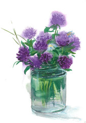 Purple hand drawn watercolor flowers in a glass illustration on white isolated 