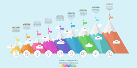 Vector timeline infographic template. Modern mountains graph with nine steps, circles, achievement, mission business options. Geometric concept for web, app, project, chart, banner, presentations