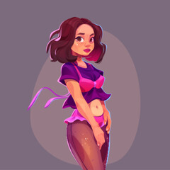 Pretty girl, fashion and beauty model. Vector cartoon illustration of beautiful young woman in glamour style clothes. Romantic stylish female person portrait