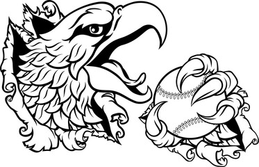 A bald eagle or hawk with claw talons holding a baseball ball and ripping or tearing through the background. Sports Mascot