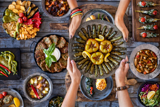 Grape leaves and bell peppers stuffed with rice named dolma and yaprak sarması  or dolmades 