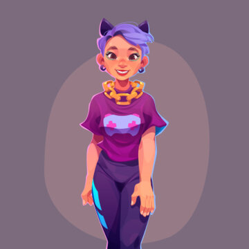 Girl Teenager, Cartoon Young Woman With Violet Hair Wear Trendy T-shirt With Gamepad Print, Gold Chain On Neck, Sport Pants And Cat Ears Headband. Caucasian Female Person Avatar, Vector Illustration