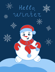 Winter vector hole with a snowman on a blue background with snowflakes in the doodle style