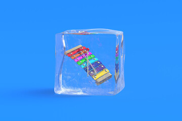 Xylophone in ice cube. 3d illustration