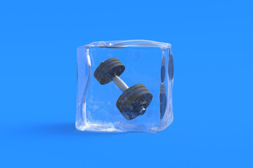 Dumbbell or barbell in ice cube. 3d illustration