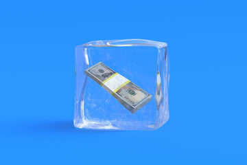 Dollar banknotes in ice cube. 3d illustration