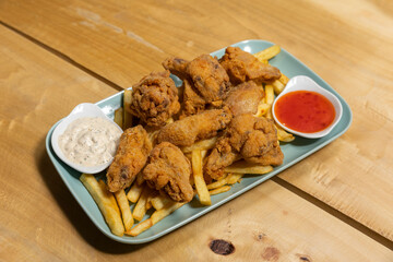 Chicken wings served on a wooden board with french fries and dips