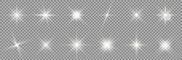 Glowing star light effect collection. Light effect of sparkling stars and bright flashes. White and silver sparkles and particles with glowing light. White flickers on transparent background. Vector - obrazy, fototapety, plakaty