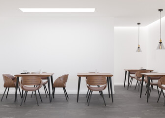 Empty white wall in modern cafe. Mock up restaurant interior in contemporary style. Free, copy space for your advertising banner, artwork, picture, text, or other design. Empty space. 3D rendering.