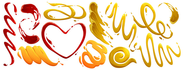 Stains and splashes of mayonnaise, ketchup and mustard. Vector cartoon set of spills and strips of cream, cheese sauce, mayo and barbecue isolated on white background