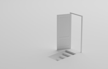 abstract or business concept white door open and secret stairs or basement on white background. 3d illustration - obrazy, fototapety, plakaty