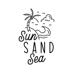 Minimalist style banner with Sun Sand Sea inscription and illustration with wave cloud and palm tree on white background