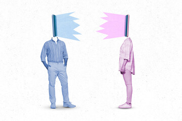 Creative photo 3d collage poster postcard of two person addicted users bloggers watch screen instead head isolated on painting background