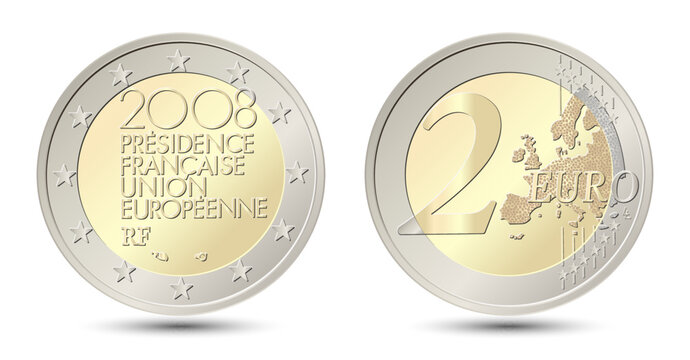 France. 2 Euro coin. French Presidency of the Council of the European Union. Reverse and obverse of France two euro coin. Vector illustration isolated on white background.