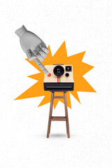 Creative photo 3d collage poster postcard artwork of person human wood arm press button make photo...