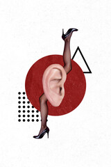 Creative photo 3d collage poster postcard of fit slim girl legs stick high heels male man ear...