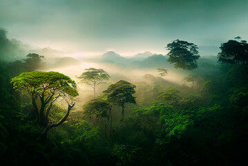 Misty jungle rainforest from above in the morning. Tropical forest with sun rays and fog. Aerial view. Nature landscape wallpaper background. - obrazy, fototapety, plakaty